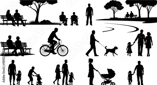 People in Park Silhouettes Collection Showing Family Leisure Activities, Walking, Cycling, Dog Walking and Relaxing Outdoor Lifestyle Scenes Illustration on White Background