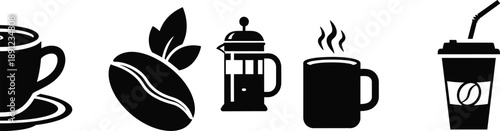 Coffee icons. Steaming hot coffee cup, coffee bean and French press coffee maker. silhouette.