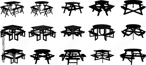 Picnic table silhouette collection featuring wooden outdoor tables and benches in multiple designs isolated on white background for park, garden, and recreation concepts