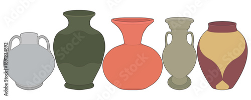Set of pottery vase illustrations with various shapes and colors, isolated on white background.