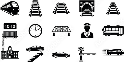 Railway and transportation icons set featuring trains, tracks, tunnels, stations, signals and vehicles, black transit symbols for travel, logistics and infrastructure isolated