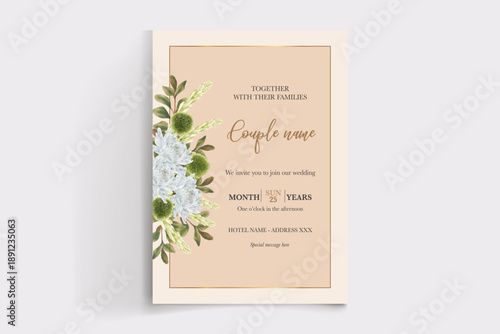 WEDDING INVITATION FRAME WITH FLOWER DECORATIONS AND FRESH LEAVES