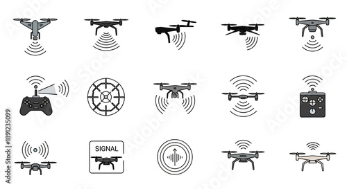 Collection of drone icons with signal waves and remote controls, illustrating unmanned aerial vehicle technology and communication.
