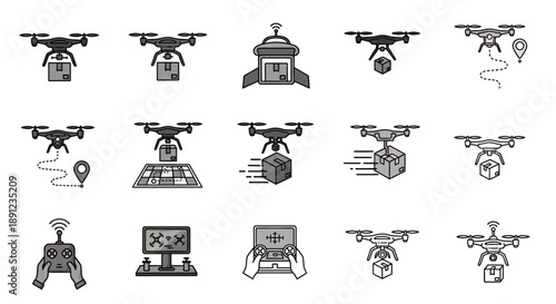 A collection of black and white icons illustrating various aspects of drone technology, including package delivery, mapping, and remote control systems.