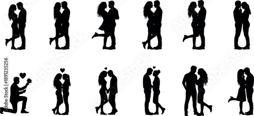 Romantic couple silhouette collection showing lovers hugging, kissing, proposing, and standing together in affectionate poses for love, relationship, wedding, and valentine concepts