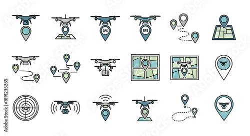 A comprehensive set of vector icons depicting drone technology, navigation, location tracking, and delivery services.