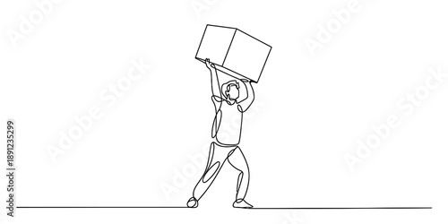 Single continuous line art of a man lifting a large box, symbolizing strength and effort Vector, illustration