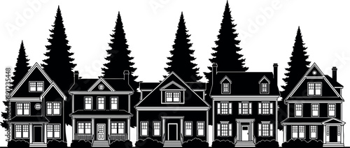 Suburban neighborhood houses silhouette with pine trees featuring residential homes, real estate architecture and community street scene isolated on white background