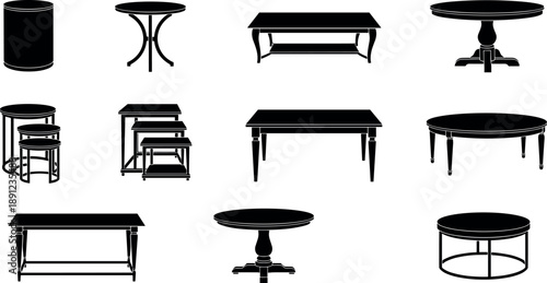 Table furniture silhouettes collection featuring round, rectangular and coffee tables in classic and modern styles isolated on white background for interior and furniture design