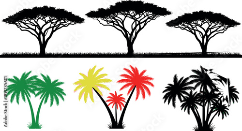 Tree and palm silhouettes collection featuring acacia trees, tropical palms, savanna landscape, nature elements, botanical shapes, outdoor scenery, and decorative natural design illustration