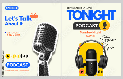 Live Stream Podcast Show Social Media Post Template, Web Banner Editable Design for Real-Time Broadcasting and Episode Promotion