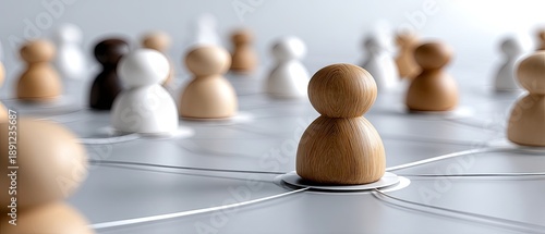 Wooden figures connect with lines on a light blue background to show social networks and human connections in various settings