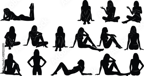 Black silhouettes of women in various poses white background women, silhouettes, black, white background, poses, sitting, lying, standing, yoga, meditation, relaxation, fitness, exercise, various, whi
