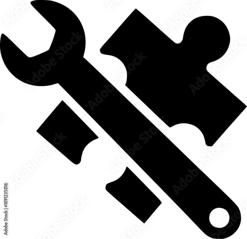Simple black wrench icon layered over a jigsaw puzzle piece shape for service