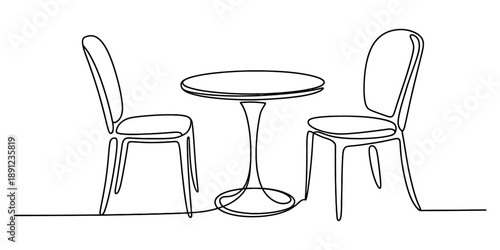 Continuous single line art drawing illustrating a cafe table and two chairs on a white background Vector, illustration