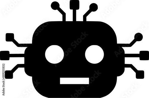 Black silhouette of a simple robot head featuring integrated circuit connections and eyes