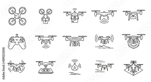Collection of various drone line art icons, including quadcopters, remote control, and signal transmission symbols, illustrating modern aerial technology.