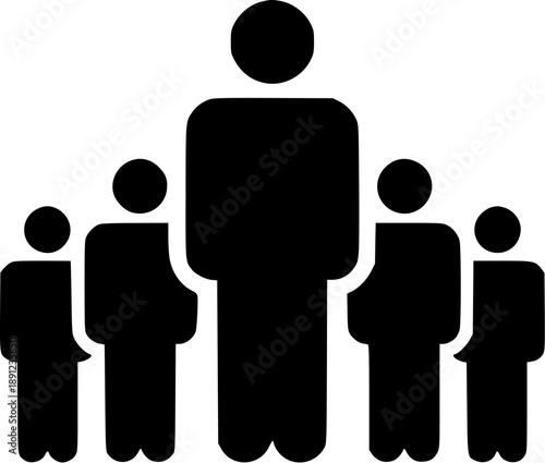 Simple black silhouette icon representing a group leader standing prominently before followers