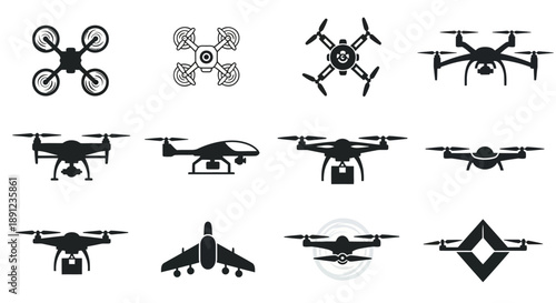 A collection of various drone silhouettes and icons, showcasing different designs and perspectives.