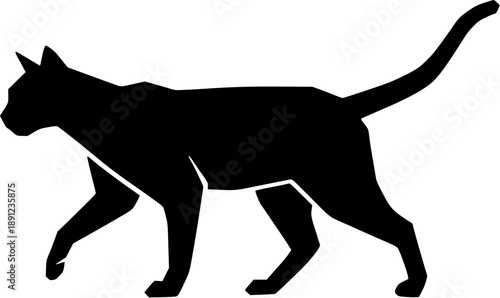 Stylized black cat silhouette walking elegantly in profile against a white background