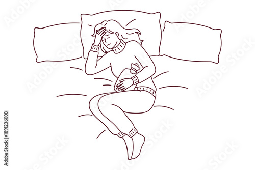 Medical concept of endometriosis, period cramps, or viral illness. Black and white outline of a woman in bed suffering from migraine or abdominal pain. 