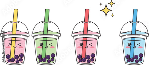Cute kawaii bubble tea cups with winking faces colorful milk tea tapioca pearls and plastic takeaway lids isolated