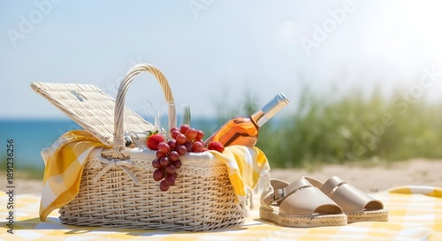 Picnic basket on beach with food and drink