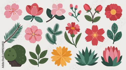 Modern lineart silhouette vector set of floral and plant design elements with bold outlines