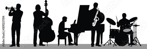 Silhouette of five musicians playing jazz instruments silhouette, musicians, jazz, band, music, instruments, trumpet, double bass, piano, saxophone, drum set, black, white, gray, musical, performance,
