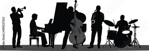 Silhouette of jazz band playing instruments musicians jazz band, silhouette, musicians, trumpet, piano, double bass, saxophone, drums, music, instruments, black and white, gray background, jazz, band,