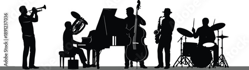 Silhouette of jazz band musicians playing instruments on stage jazz band, musicians, silhouettes, musical instruments, trumpet, trombone, piano, double bass, saxophone, drum set, stage, music performa