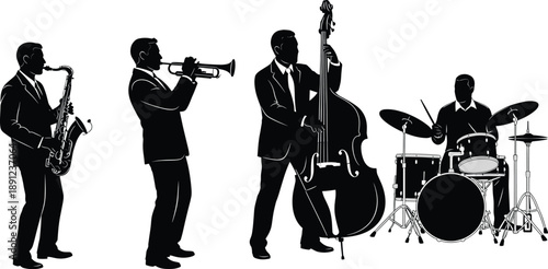 Four musicians playing jazz instruments in black silhouette musicians, jazz band, saxophone, trumpet, double bass, drum set, black silhouette, white background, music, instruments, band, musical group