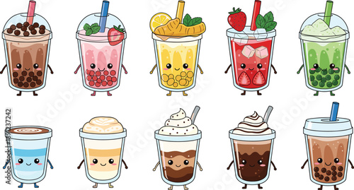 Cute kawaii bubble tea and dessert drinks characters set with smiling faces fruit toppings and tapioca pearls isolated