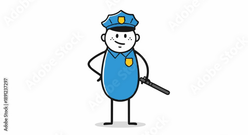 Cartoon Police Officer Standing with Baton.