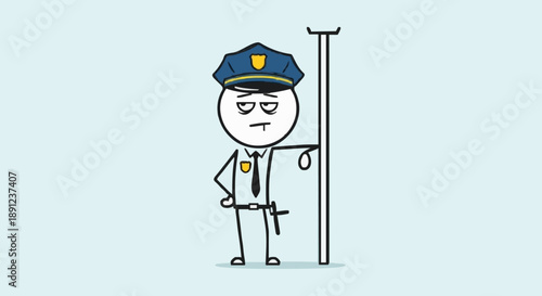 Cartoon Police Officer Standing Guard with Tired Expression.
