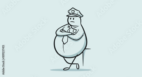 Cartoon Police Officer Standing Guard with Arms Crossed.