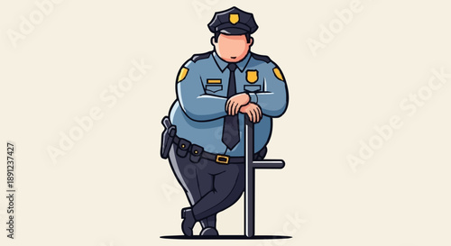 Cartoon Police Officer Standing Leaning on Pole.