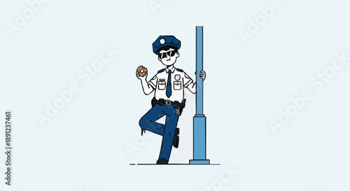 Cartoon Police Officer Standing Next to Lamppost Holding Doughnut.