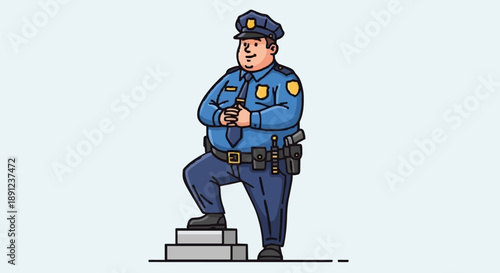 Cartoon Police Officer Standing on Steps Uniformed Law Enforcement.