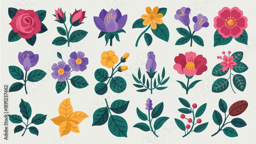 Vibrant floral and herbal mockups, minimalist flat design with sharp lines and bold outlines.