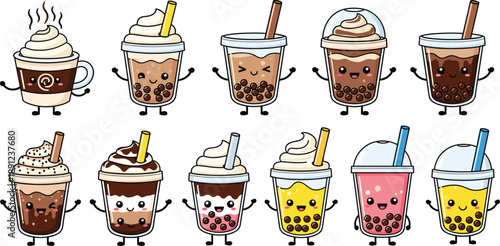 Cute kawaii coffee and bubble tea drink characters with smiling faces toppings tapioca pearls and takeaway cups isolated