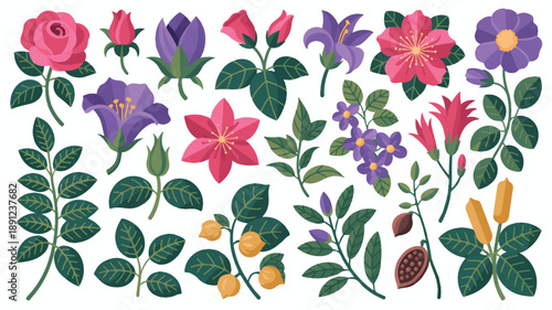 Vibrant floral and herbal mockups, minimalist flat design with sharp lines and bold outlines.