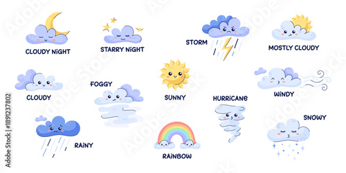Cute set of weather vectors for kids. Educational weather forecast dictionary for children with funny sun, rainbow and cloud characters. Cloudy, sunny, windy, rainy, snowy, stormy. Hand drawn vector