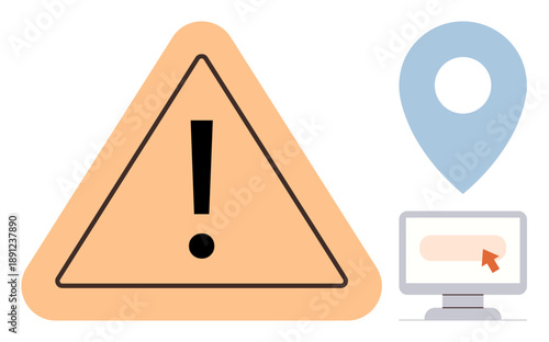 Safety alerts, navigation tools, caution systems, digital notifications, attention signs, user interface design. A triangle exclamation sign alongside a computer pointer and location icon. Safety