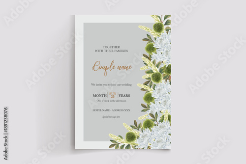 WEDDING INVITATION FRAME WITH FLOWER DECORATIONS AND FRESH LEAVES