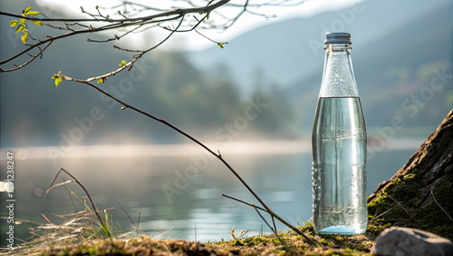 bottle of water, A clear glass bottle filled with water, set against a blurred nature background