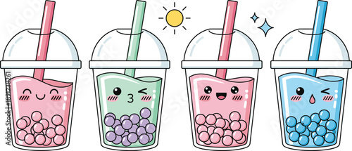 Cute kawaii bubble tea cups with different facial expressions colorful milk tea tapioca pearls and straws isolated