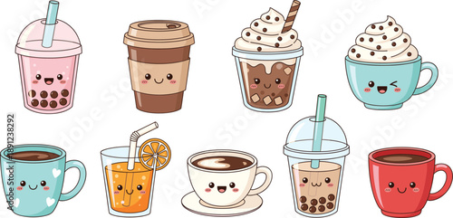 Cute kawaii coffee bubble tea and drink characters set with smiling faces desserts and takeaway cups isolated