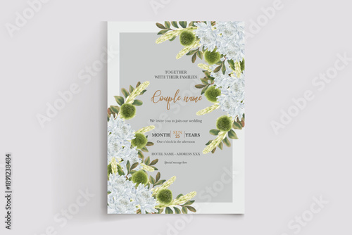 WEDDING INVITATION FRAME WITH FLOWER DECORATIONS AND FRESH LEAVES
