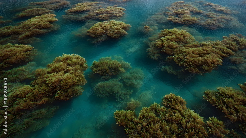 Fototapeta premium Aerial perspective showing organically shaped clusters of dense seaweed submerged in crystal clear bright turquoise ocean waters highlighting natural